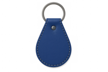 Blank blue leather keychain featuring white stitching and metal ring, positioned against transparent background, highlighting minimalist design details