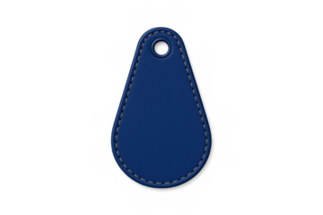 Blue leather keychain tag displaying clean stitching, close-up view against transparent background, waiting personalization