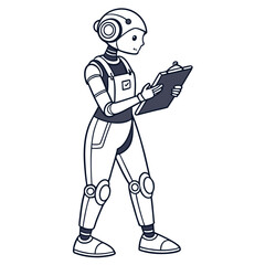 Friendly female robot character holding a clipboard and reviewing information with a smile
