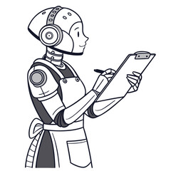 Friendly female robot wearing an apron writing on a clipboard with a pen