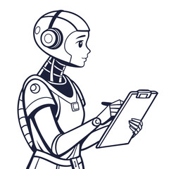 Friendly female robot wearing headphones writing notes on a clipboard with a pen