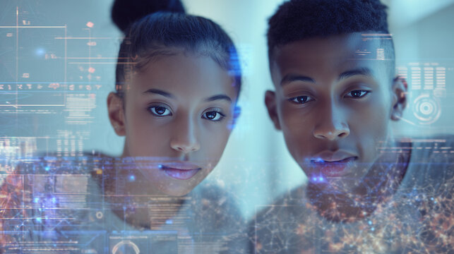 Diverse Group of Students Studying AI and Cybersecurity in Modern Classroom. Multiethnic school purpils learning artificial intelligence and machine learning with futuristic virtual data hologram.