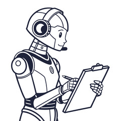 Friendly robot wearing headphones and writing on a clipboard with a pen