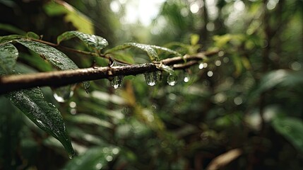 Water drops on rainy forest branch