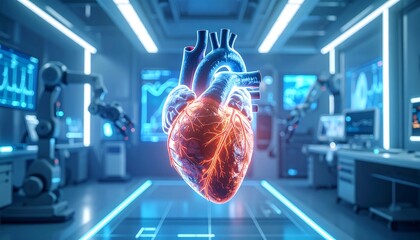 3D model of a heart in a futuristic lab