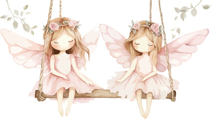 Two adorable fairy dolls with delicate wings and flower crowns sitting on a swing