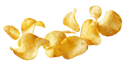 Crispy potato chips, wavy shapes, golden hue, isolated