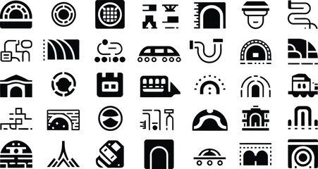 Modern tunnel network icons featuring trains, pathways, and transportation systems for design projects