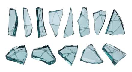 Assortment of translucent aqua glass shards presented in a clean studio arrangement on background.