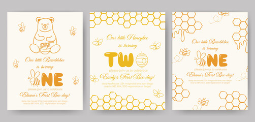 Birthday invitation card vector template design. Bumblebee birthday Party theme with honey comb, beehive, bear and honey bee watercolor background.	