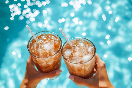 Top view of female hands holding two glasses with refreshing drink of iced coffee over the blue, clear water of swimming pool - Powered by Adobe