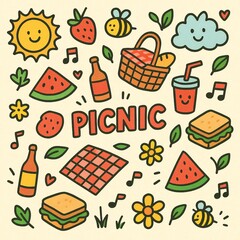 A cute and cheerful doodle pattern for a picnic theme. Perfect for summer designs, invitations, and textiles