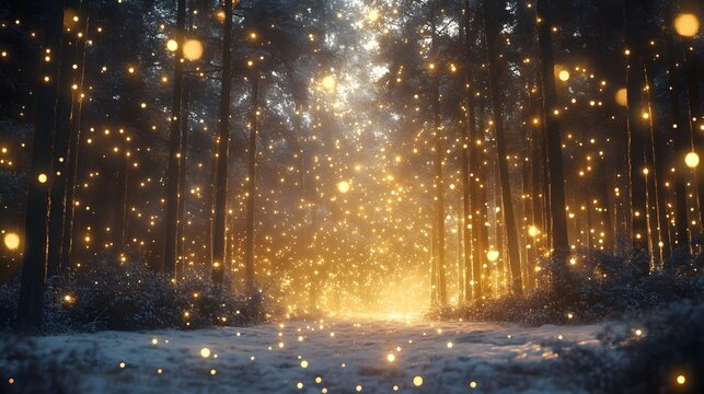 Magical Snowy Forest Landscape at Night with Glowing Lights and Sparkling Winter Wonderland Scenery