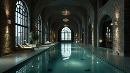 Luxurious Indoor Swimming Pool in Elegant Brick-walled Spa with Large Windows and Soft Lighting