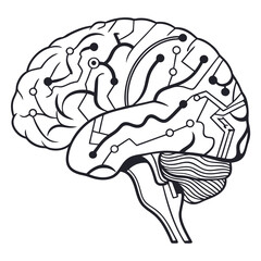 Stylized human brain with integrated digital circuit pathways and glowing nodes representing neural connections