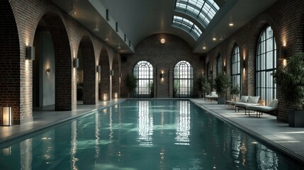 Fototapeta premium Indoor Swimming Pool with Brick Walls and Large Windows in Modern Wellness Center