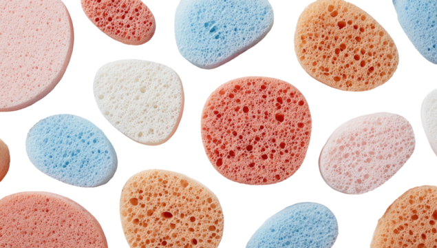 Colorful cosmetic sponges arranged.  Various shades of peach, coral, light blue, and cream-colored sponges.  Oval and circular shapes.  Close-up view against a black background