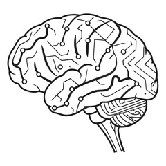 Stylized illustration of a human brain with integrated circuit board pathways and connection points