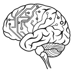 Stylized illustration of a human brain with integrated electronic circuit board pathways and nodes