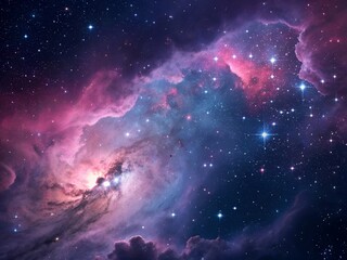 Fototapeta premium A vibrant nebula glows brightly in deep space, featuring magnificent clouds of cosmic dust and gas, illuminated by countless sparkling stars.