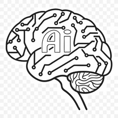 Stylized outline of a human brain with circuit board patterns and the letters ai