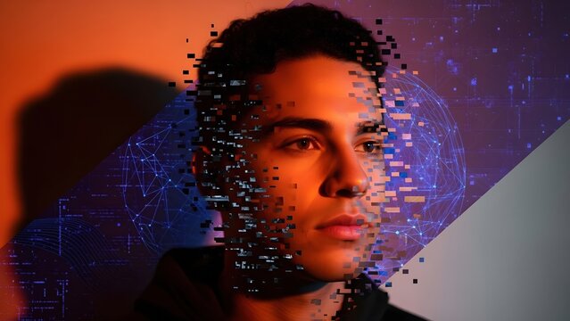 Young man gazing as face glitches into digital network background