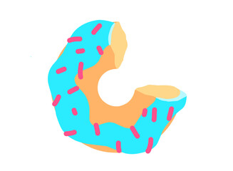 Vector illustration of a bitten donuts with blue cream topping and pink sprinkles, 