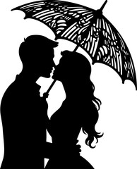 Romantic Couple in Love Under Umbrella Silhouette Vector