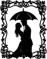Romantic Couple in Love Under Umbrella Silhouette Vector