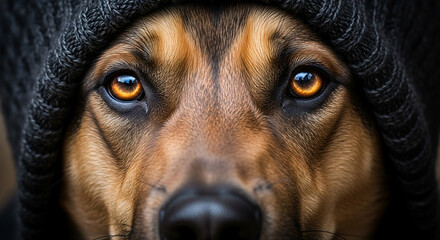 Intense gaze of a German Shepherd mix with glowing amber eyes wearing a dark hoodie