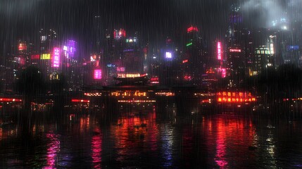 Neon cityscape reflected in a rainy river.