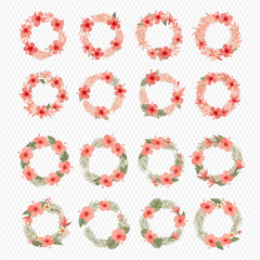 A collection of sixteen watercolor floral wreaths with pink and red hibiscus flowers and tropical leaves arranged in a grid.