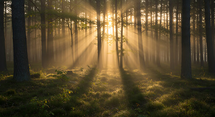 Obraz premium Golden sunbeams penetrate a misty forest, illuminating the mossy ground and tall trees at dawn.