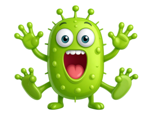 Scared Green Bacteria Character with Raised Hands and Wide Eyes, Cartoon Style, Isolated PNG