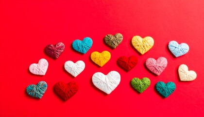 Obraz premium Colorful yarn hearts arranged on a red background