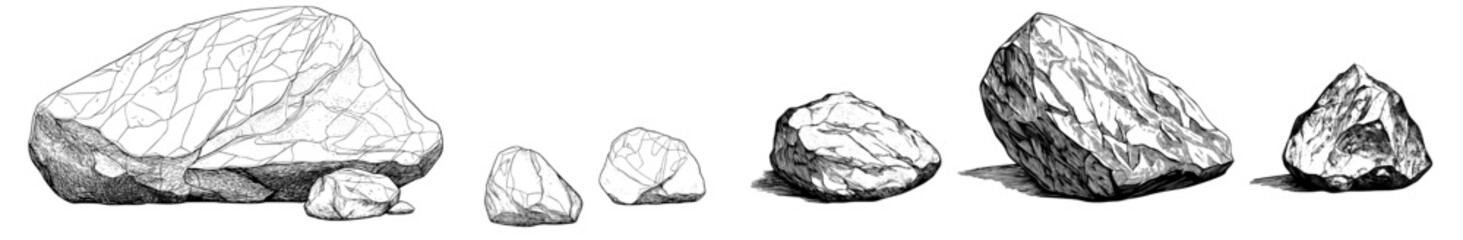 The modern monochrome sketch of stone incorporates gravel and pebble details, presenting a natural rocky slate lump as a template for engravings in a retro black and white hand-drawn illustration