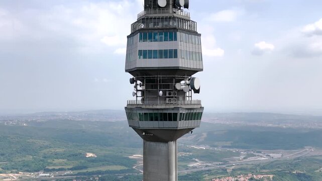 Close-up drone zoom on the top of Avala Tower in Serbia