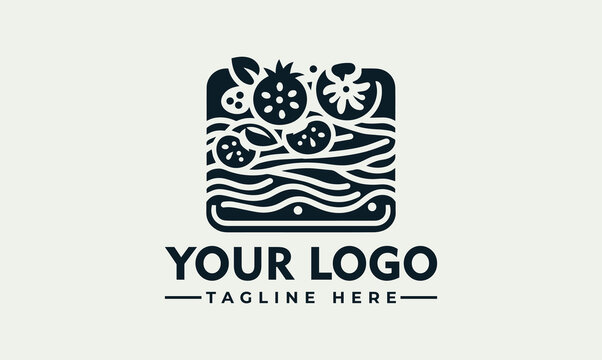 Stylish logo design featuring layered pasta dish with fresh fruit and herbs.