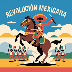 Flat Mexican Revolution Illustration Revolutionary Figure with Rifle and Flag