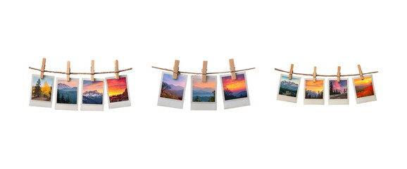 Fototapeta premium Photographs hanging on a rope with wooden clothespins, landscape views isolated on a transparent background, in&nbsp;a&nbsp;PNG&nbsp;format