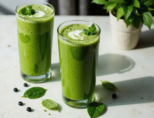 Two tall glasses filled with vibrant green smoothies garnished with fresh basil leaves sit on a white countertop, surrounded by scattered basil leaves and a potted plant in the background
