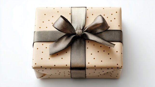 Elegant gift wrapped in brown polka dot paper with grey ribbon