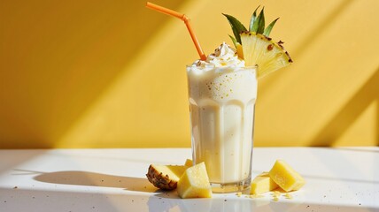 A refreshing pineapple milkshake sits on a white table, garnished with a slice of pineapple and a sprig of mint, against a vibrant yellow background 