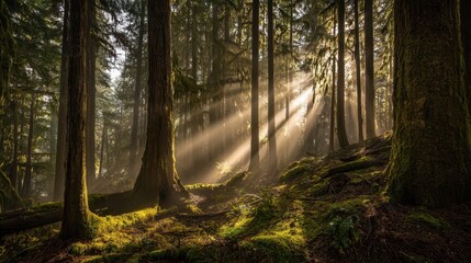 Obraz premium Sunlight streams through a misty forest.