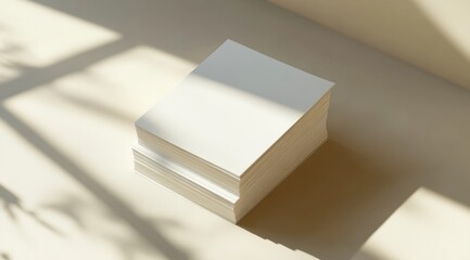 Stack of blank white sheets on a cream surface, soft shadows