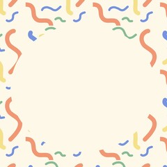 Nude colored fabric with a simple blue, red, green, and yellow curved pattern, frame, text box.