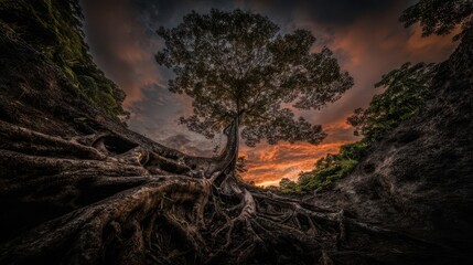 Fototapeta premium Massive tree roots spread across a rocky landscape at sunset.