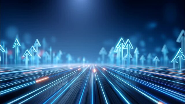 Digital glowing blue arrows with futuristic motion lines and dynamic light streaks symbolizing technology progress and business growth
