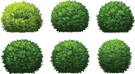 Set of lush green cartoon bushes with rounded foliage, isolated decorative shrub elements for landscaping, gardening, nature, park or yard design
