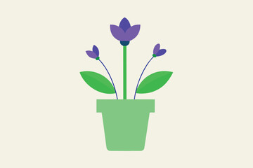 Vector art of purple flowers in a green pot isolated on a light background